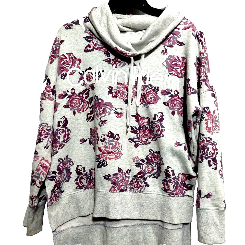 Calvin Klein Womens Medium Cowl Pullover Sweatshirt Gray/Floral Long Drop Sleeve